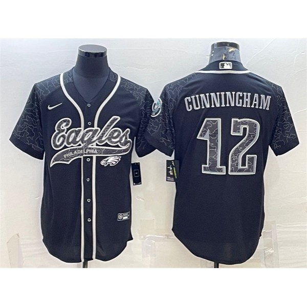 Philadelphia Eagles #12 Randall Cunningham Black Reflective With Patch Cool Base Stitched Jersey
