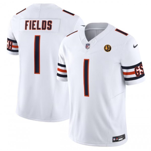 Chicago Bears #1 Justin Fields White 2023 F.U.S.E. With John Madden Patch Vapor Limited Stitched Jersey
