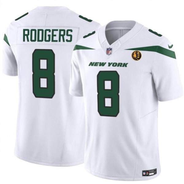 New York Jets #8 Aaron Rodgers White 2023 F.U.S.E. With John Madden Patch Vapor Limited Stitched Jersey