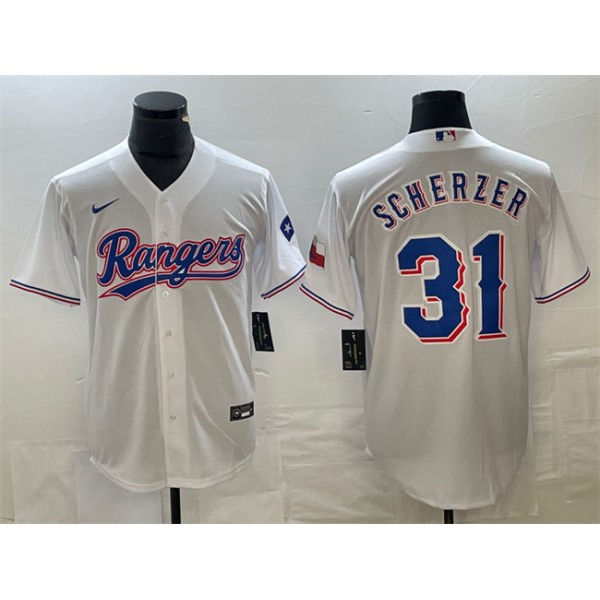 Texas Rangers #31 Max Scherzer White With Patch Cool Base Stitched Jersey