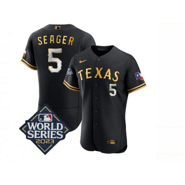 Texas Rangers #5 Corey Seager Black Gold 2023 World Series Flex Base Stitched Jersey