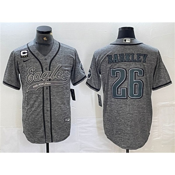 Philadelphia Eagles #26 Saquon Barkley Gray With 3-Star C Patch Cool Base Stitched Jersey