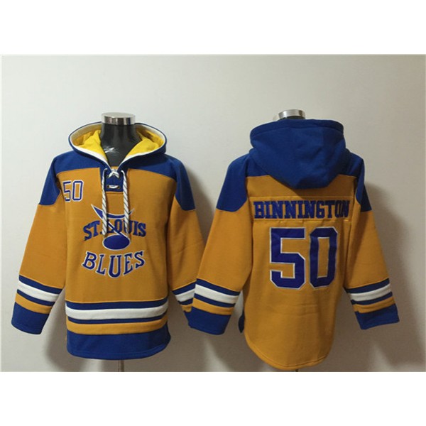 St. Louis Blues #50 Jordan Binnington Yellow Ageless Must-Have Lace-Up Pullover Hoodie