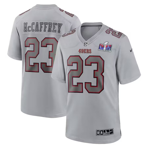 San Francisco 49ers #23 Christian McCaffrey Gray 2024 Super Bowl LVIII Patch Atmosphere Fashion Stitched Game Jersey