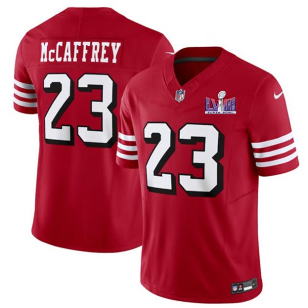 San Francisco 49ers #23 Christian McCaffrey New Red 2024 F.U.S.E. Super Bowl LVIII Patch Vapor Untouchable Limited Stitched Jersey