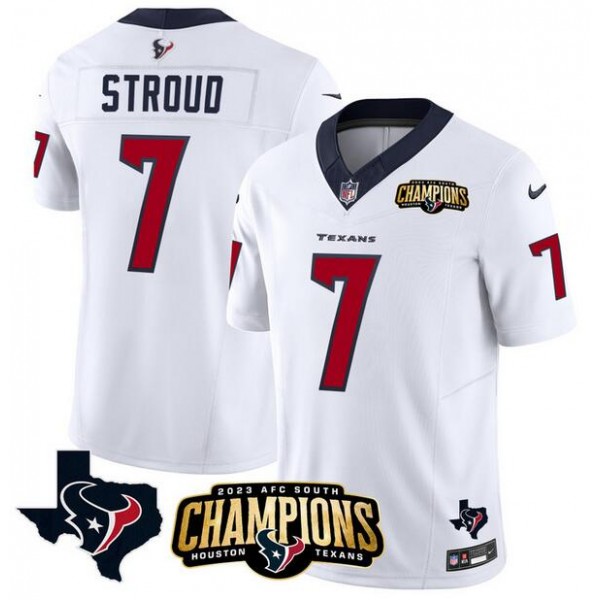 Houston Texans #7 C.J. Stroud White 2023 F.U.S.E. AFC South Champions Patch And Team Logo Patch Vapor Untouchable Limited Stitched Jersey