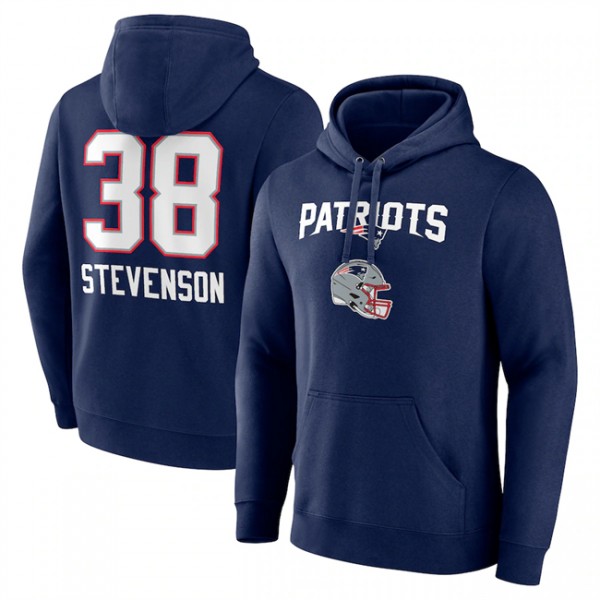 New England Patriots #38 Rhamondre Stevenson Navy Team Wordmark Player Name Number Pullover Hoodie