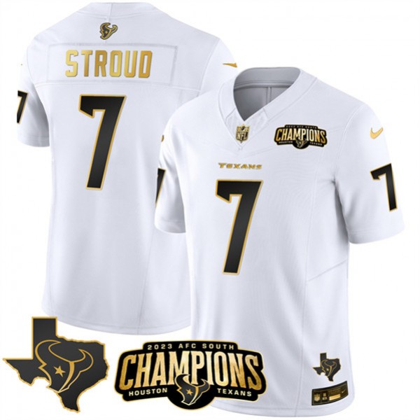 Houston Texans #7 C.J. Stroud White Golden 2023 F.U.S.E. With AFC South Champions Patch And Team Logo Patch Limited Stitched Jersey