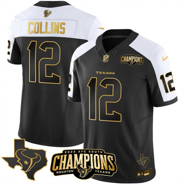 Houston Texans #12 Nico Collins Black White Golden 2023 F.U.S.E. With AFC South Champions Patch And Team Logo Patch Limited Stitched Jersey