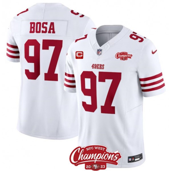 San Francisco 49ers #97 Nick Bosa White 2023 F.U.S.E. With 2-Star C Ptach And NFC West Champions Patch Stitched Jersey