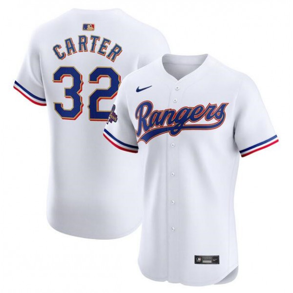 Texas Rangers #32 Evan Carter White 2024 Gold Collection Flex Base Stitched Jersey