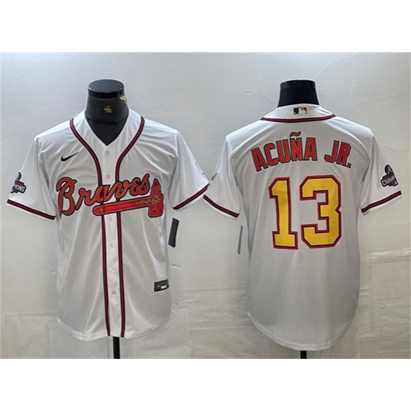 Atlanta Braves #13 Ronald Acuña Jr. White Gold World Series Champions Cool Base Stitched Jersey