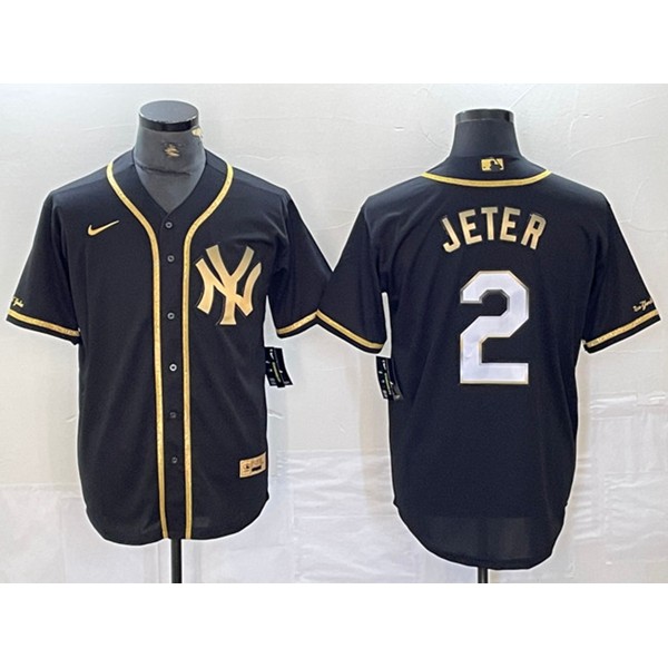 New York Yankees #2 Derek Jeter Black Gold Cool Base Stitched Jersey