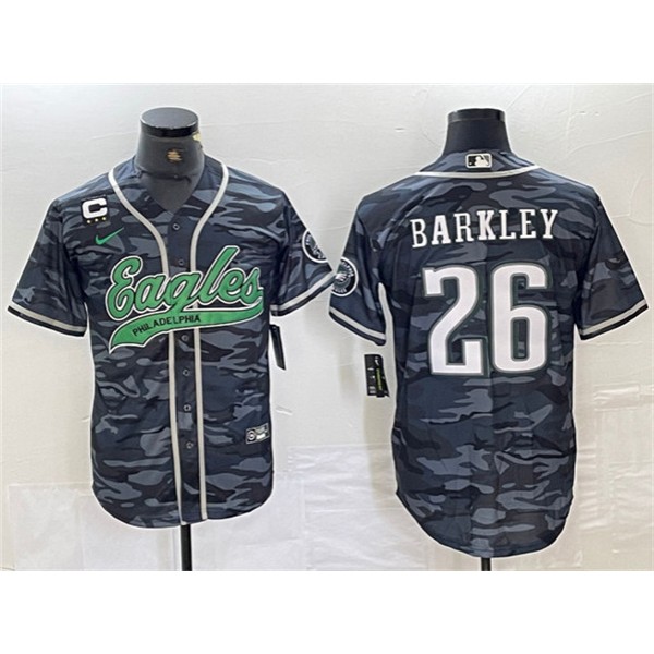 Philadelphia Eagles #26 Saquon Barkley Gray Camo With 3-Star C Patch Cool Base Stitched Jersey