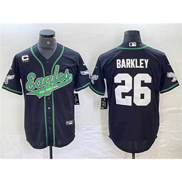 Philadelphia Eagles #26 Saquon Barkley Black With 3-Star C Patch Cool Base Stitched Jersey