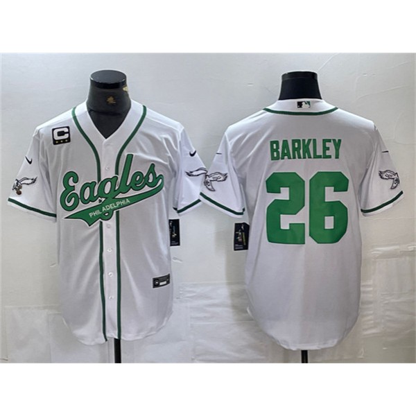 Philadelphia Eagles #26 Saquon Barkley White With 3-Star C Patch Cool Base Stitched Jersey