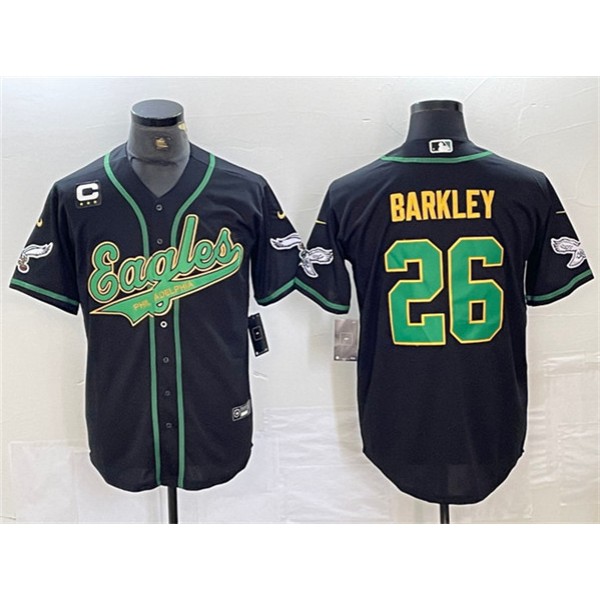 Philadelphia Eagles #26 Saquon Barkley Black Gold With 3-Star C Patch Cool Base Stitched Jersey