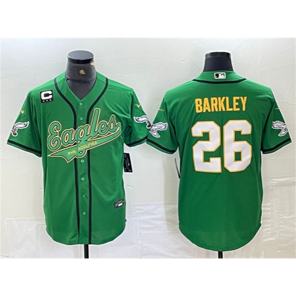 Philadelphia Eagles #26 Saquon Barkley Green Gold With 3-Star C Patch Cool Base Stitched Jersey