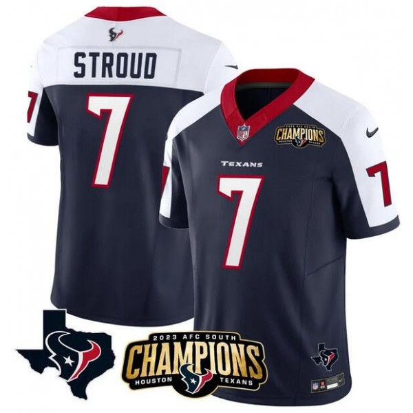 Houston Texans #7 C.J. Stroud Navy White 2023 F.U.S.E. AFC South Champions Patch And Team Logo Patch Vapor Untouchable Limited Stitched Jersey