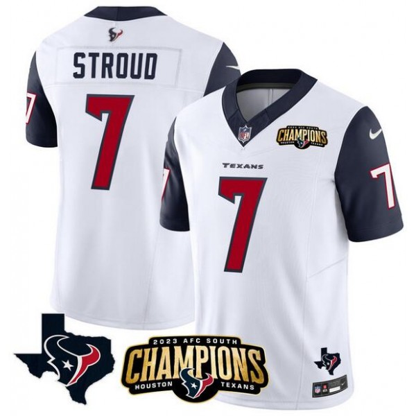 Houston Texans #7 C.J. Stroud White Navy 2023 F.U.S.E. AFC South Champions Patch And Team Logo Patch Vapor Untouchable Limited Stitched Jersey