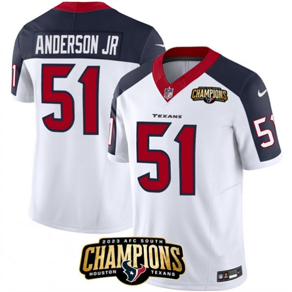 Houston Texans #51 Will Anderson Jr. White Navy 2023 F.U.S.E. With AFC South Champions Patch And Team Logo Patch Limited Stitched Jersey