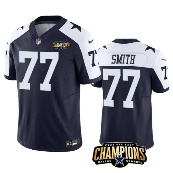 Dallas Cowboys #77 Tyron Smith Navy White 2023 F.U.S.E. NFC East Champions Patch Stitched Jersey
