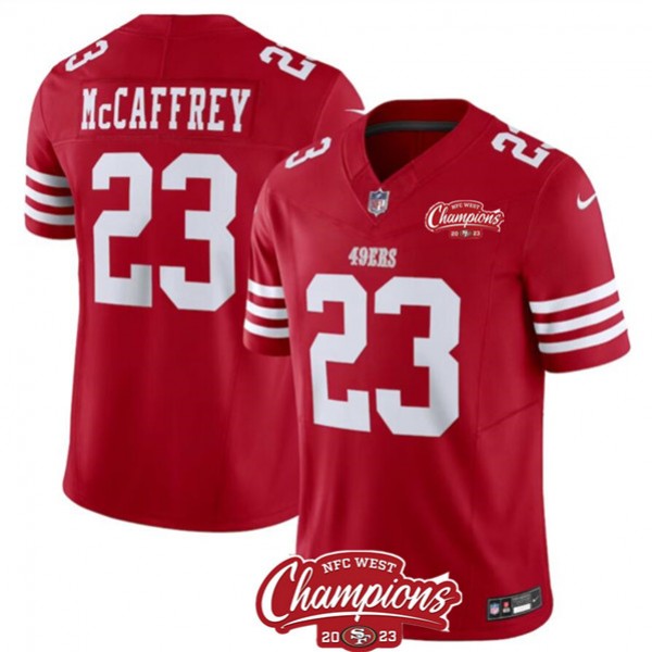 San Francisco 49ers #23 Christian McCaffrey Red 2023 F.U.S.E. NFC West Champions Patch Stitched Jersey