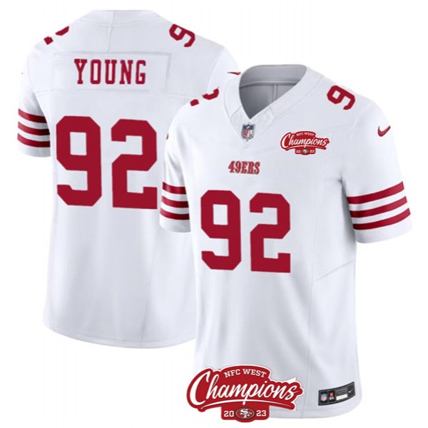 San Francisco 49ers #92 Chase Young White 2023 F.U.S.E. NFC West Champions Patch Stitched Jersey