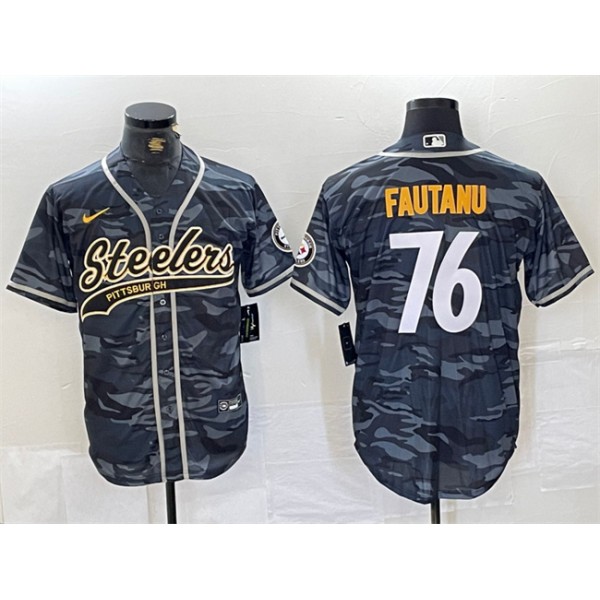 Pittsburgh Steelers #76 Troy Fautanu Gray Camo With Patch Cool Base Stitched Jersey