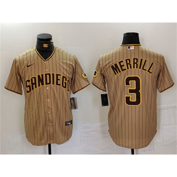 San Diego Padres #3 Jackson Merrill Tan Cool Base Stitched Jersey