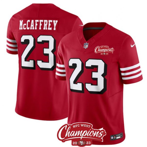 San Francisco 49ers #23 Christian McCaffrey Red 2023 F.U.S.E. NFC West Champions Patch Alternate Stitched Jersey