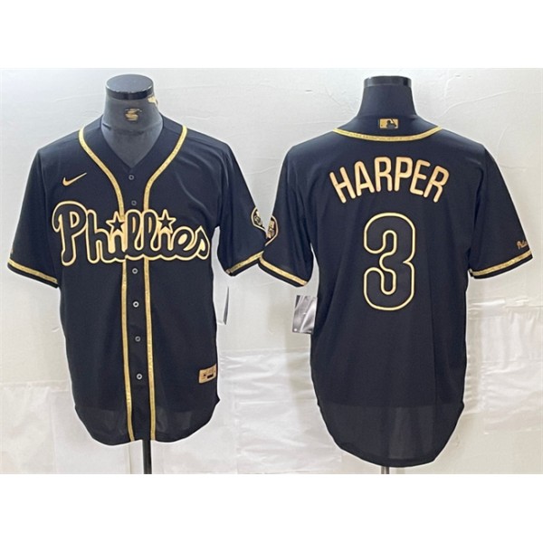 Philadelphia Phillies #3 Bryce Harper Black Gold Cool Base Stitched Jersey