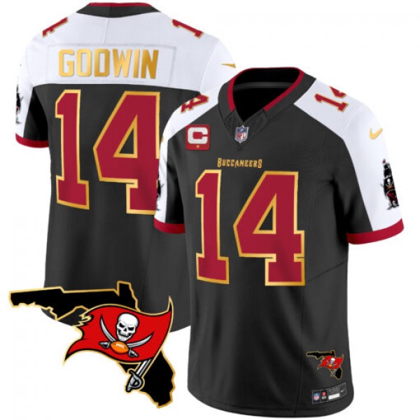 Tampa Bay Buccaneers #14 Chris Godwin Black White With Florida Patch Gold Trim Vapor Stitched Jersey