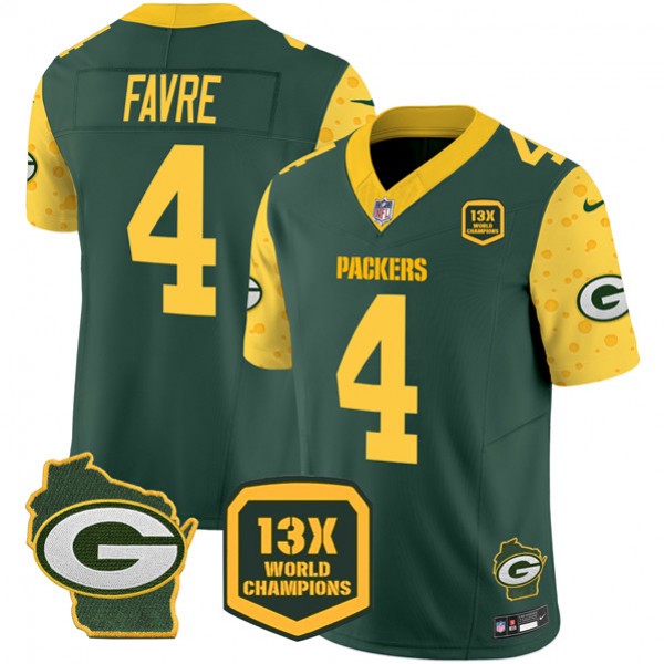 Green Bay Packers #4 Brett Favre Green 2024 F.U.S.E. 13 Time World Champions And Home Patch Vapor Untouchable Limited Stitched Jersey