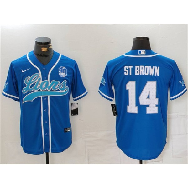 Detroit Lions #14 Amon-Ra St. Brown Blue With 90th Anniversary Patch Cool Base Stitched Jersey