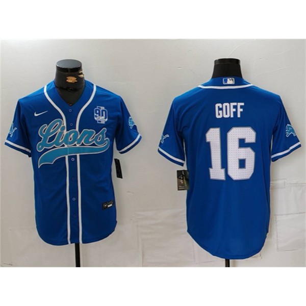Detroit Lions #16 Jared Goff Blue With 90th Anniversary Patch Cool Base Stitched Jersey