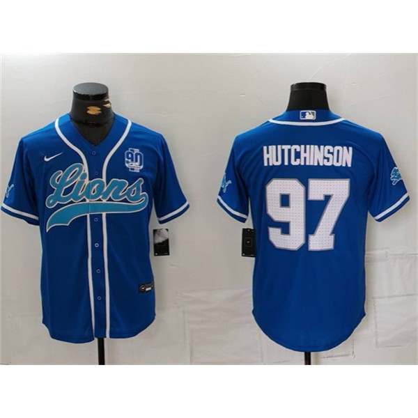 Detroit Lions #97 Aidan Hutchinson Blue With 90th Anniversary Patch Cool Base Stitched Jersey