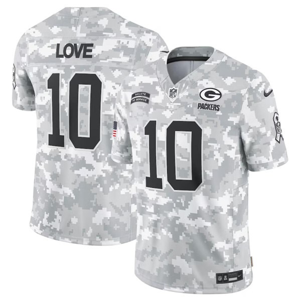 Green Bay Packers #10 Jordan Love Arctic Camo 2024 F.U.S.E. Salute To Service Limited Stitched Jersey