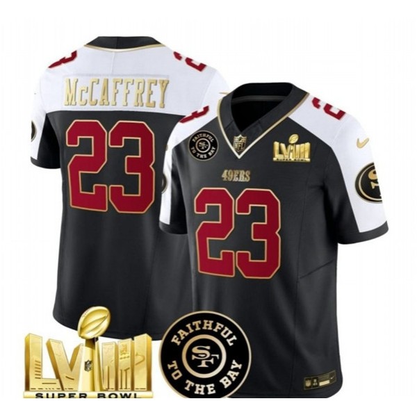 San Francisco 49ers #23 Christian McCaffrey Black White 2024 F.U.S.E. Super Bowl LVIII Patch Alternate Vapor Limited Stitched Jersey