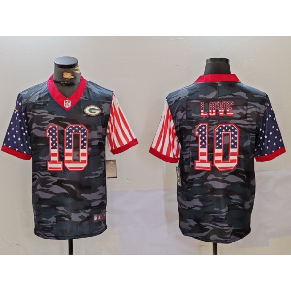 Green Bay Packers #10 Jordan Love Camo USA Flag Limited Stitched Jersey