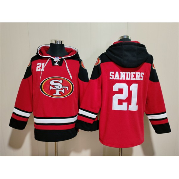 San Francisco 49ers #21 Deion Sanders Red Black Ageless Must-Have Lace-Up Pullover Hoodie