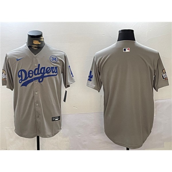 Los Angeles Dodgers Team Big Logo Gray 2024 World Series With No. 34 Patch Limited Stitched Jersey