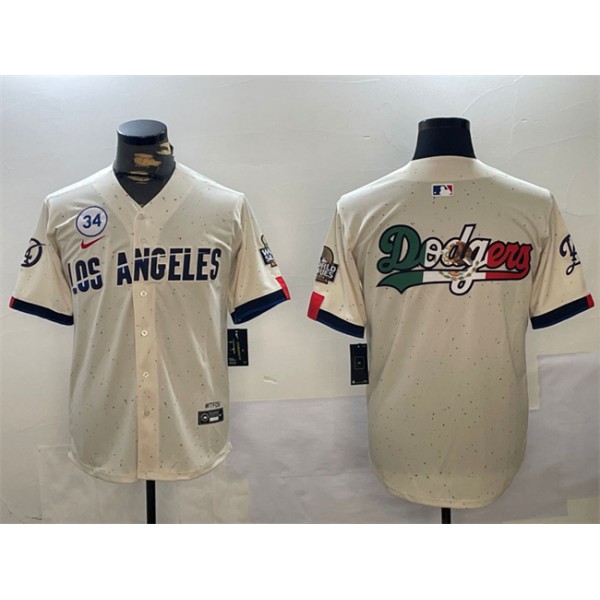 Los Angeles Dodgers Team Big Logo Cream 2024 World Series With No. 34 Patch Limited Stitched Jersey
