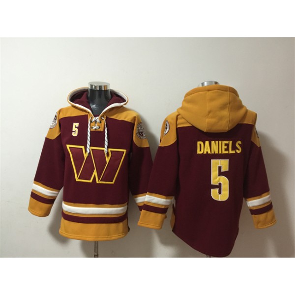 Washington Commanders #5 Jayden Daniels Burgundy Ageless Must-Have Lace-Up Pullover Hoodie