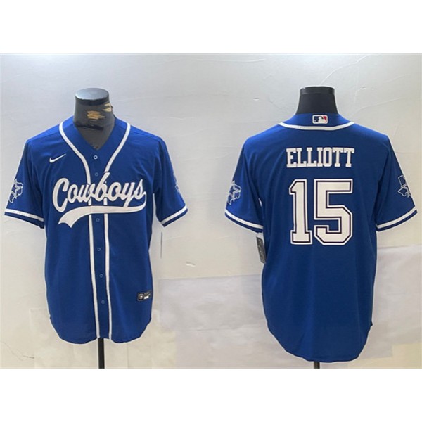Dallas Cowboys #15 Ezekiel Elliott Royal With Patch Cool Base Stitched Jersey