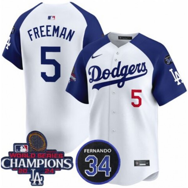 Los Angeles Dodgers #5 Freddie Freeman White Royal 2024 World Series Champions With Fernando Memorial Patch Limited Stitched Jersey