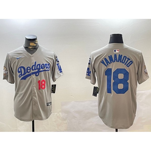 Los Angeles Dodgers #18 Yoshinobu Yamamoto Gray 2024 World Series With Fernando Memorial Patch Limited Stitched Jersey