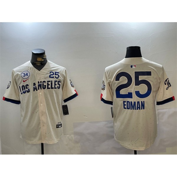 Los Angeles Dodgers #25 Tommy Edman Cream 2024 World Series With No. 34 Patch City Connect Limited Stitched Jersey