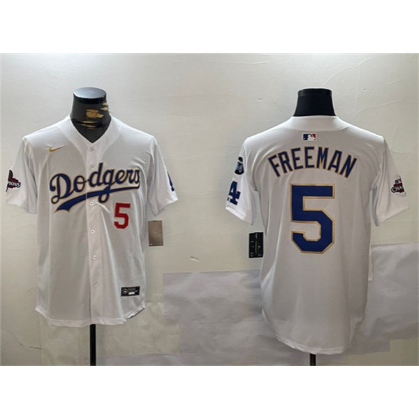 Los Angeles Dodgers #5 Freddie Freeman White Gold 2024 World Series Champions With Fernando Memorial Patch Home Limited Stitched Jersey