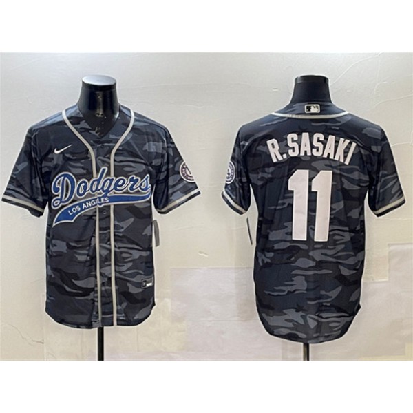 Los Angeles Dodgers #11 Roki Sasaki Gray Camo With Patch Cool Base Stitched Jersey